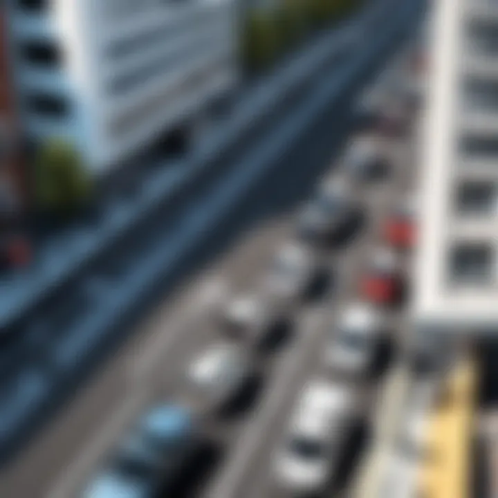 A busy urban street with ANPR cameras monitoring vehicles.