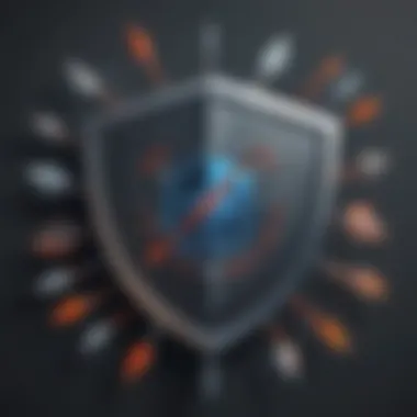 Antivirus Shield Repelling Threats Digital threat arrows blocked by antivirus shield