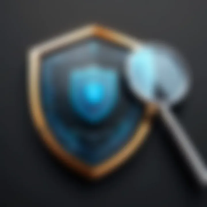 Depicting a shield with a magnifying glass symbolizing trust in antivirus software