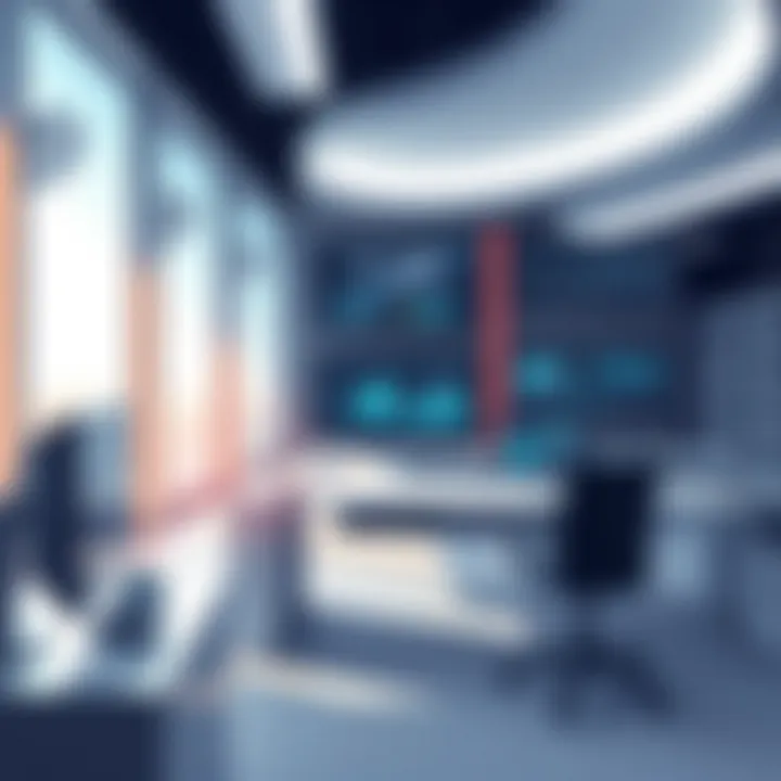 A futuristic office with compliance software on screens
