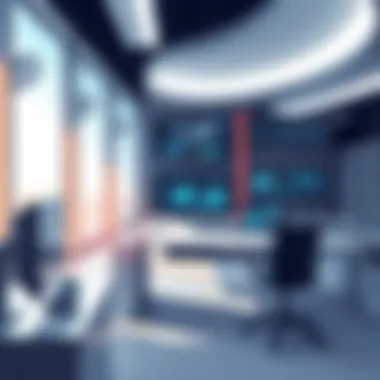 Modern Compliance Office Environment A futuristic office with compliance software on screens
