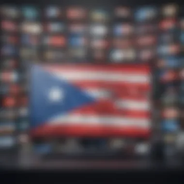 Puerto Rican flag waving against a backdrop of TV screens