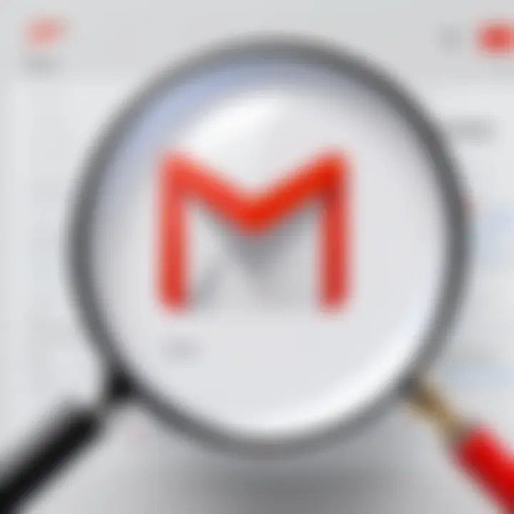 Illustration showing a magnifying glass searching for a Gmail address