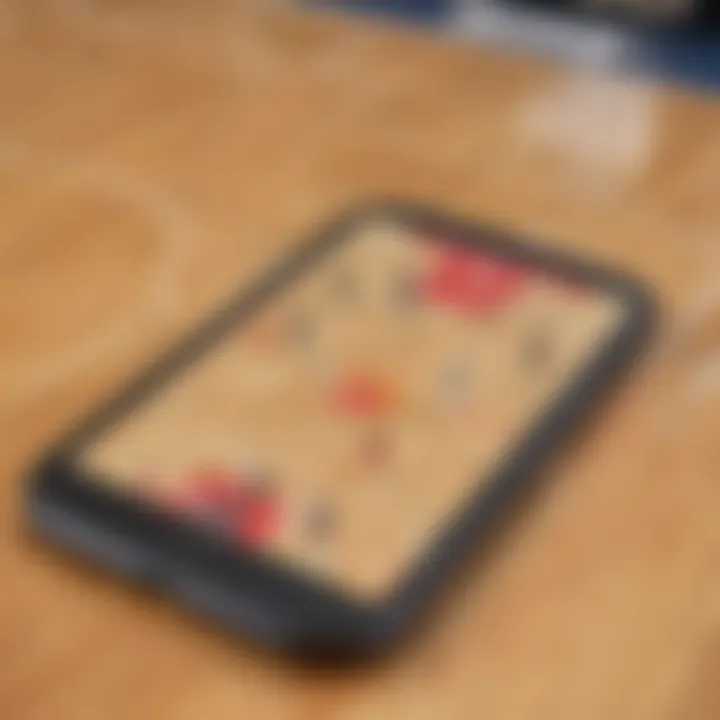 Basketball court with iPhone displaying live NBA match