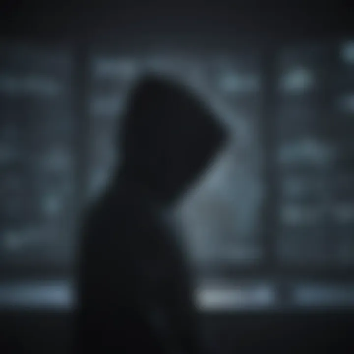 Hacker silhouette in front of glowing digital screen representing cyber threats