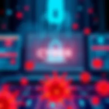 Visual representation of cybersecurity threats including malware and viruses.