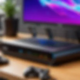 A close-up of a gaming setup with a high-speed router