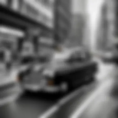 Urban Setting of a Classic Taxi A black and white taxi parked on a busy urban street