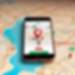 A smartphone displaying the Tinder app with a fake location pin.