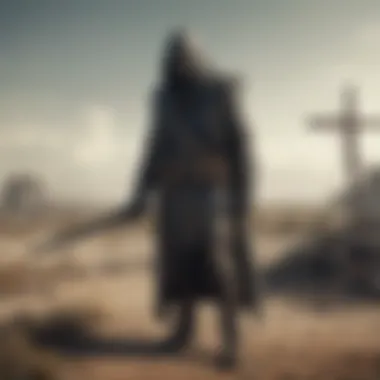 Grim reaper standing amidst a desolate post-apocalyptic landscape