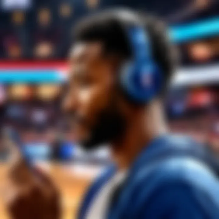 Person enjoying NBA game on phone with quality headphones