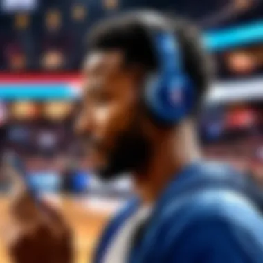 Enhanced Audio Experience Person enjoying NBA game on phone with quality headphones