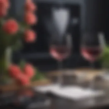 Elegant viewing setup with wine glasses and flowers