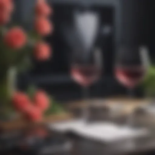 Elegant viewing setup with wine glasses and flowers