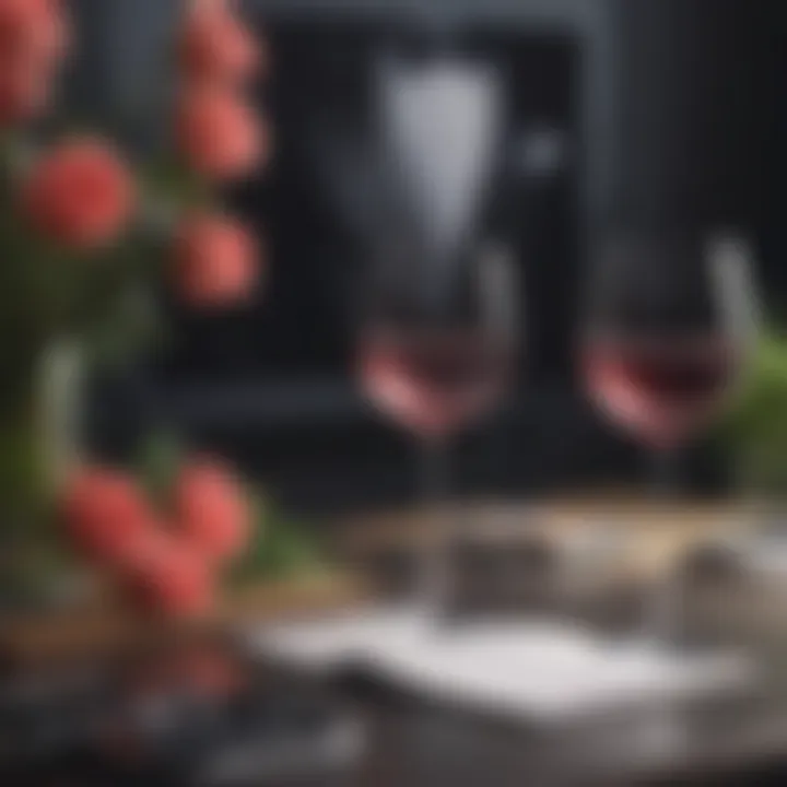 Elegant viewing setup with wine glasses and flowers