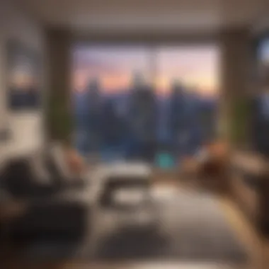 Modern city apartment with skyline view